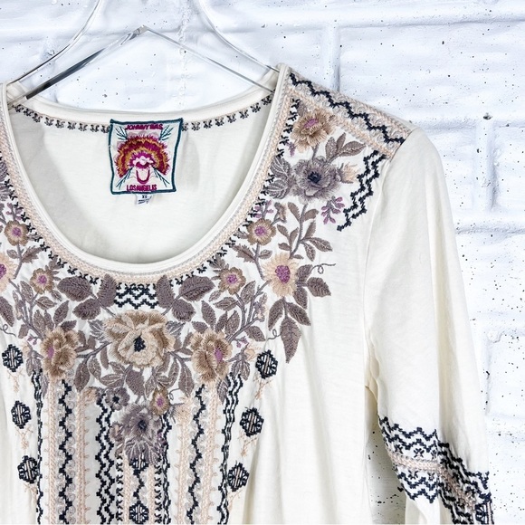 JOHNNY WAS Marushka Trapeze Floral Embroidered Knit Blouse 3/4 sleeve XS - Picture 3 of 9